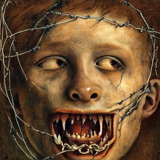 Image similar to a boy made of barbed wire looking into camera, screaming in pain, by giuseppe arcimboldo and ambrosius benson, renaissance, intricate and intense oil paint, a touch of beksinski and hr giger and edward munch, realistic