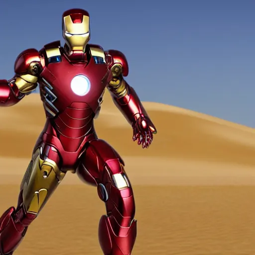 Prompt: iron man in the desert, metallic, photorealistic, shiny, sandy, sand everywhere, metal, rustic iron and copper, sand dunes, marvel