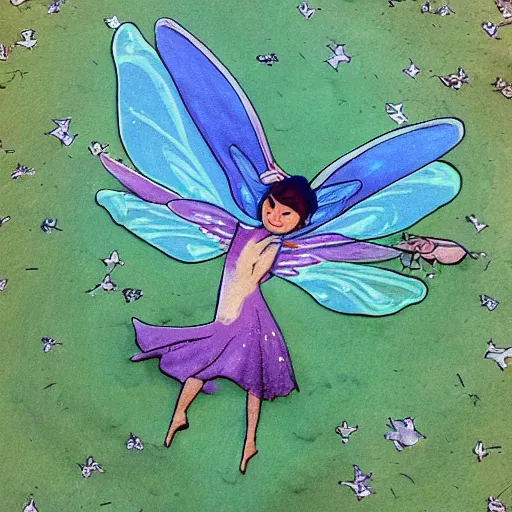 Image similar to flying fairy with wings timidly tipping toe into the center of a lake