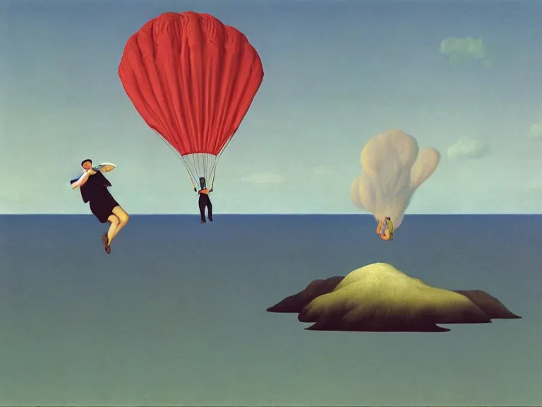 Prompt: man parachuting on a small island in the middle of a big lake painting by rene magritte, high detail, high resolution