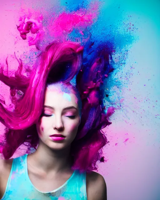 Prompt: a dramatic lighting photo of a beautiful young woman with cotton candy hair. paint splashes. with a little bit of cyan and pink