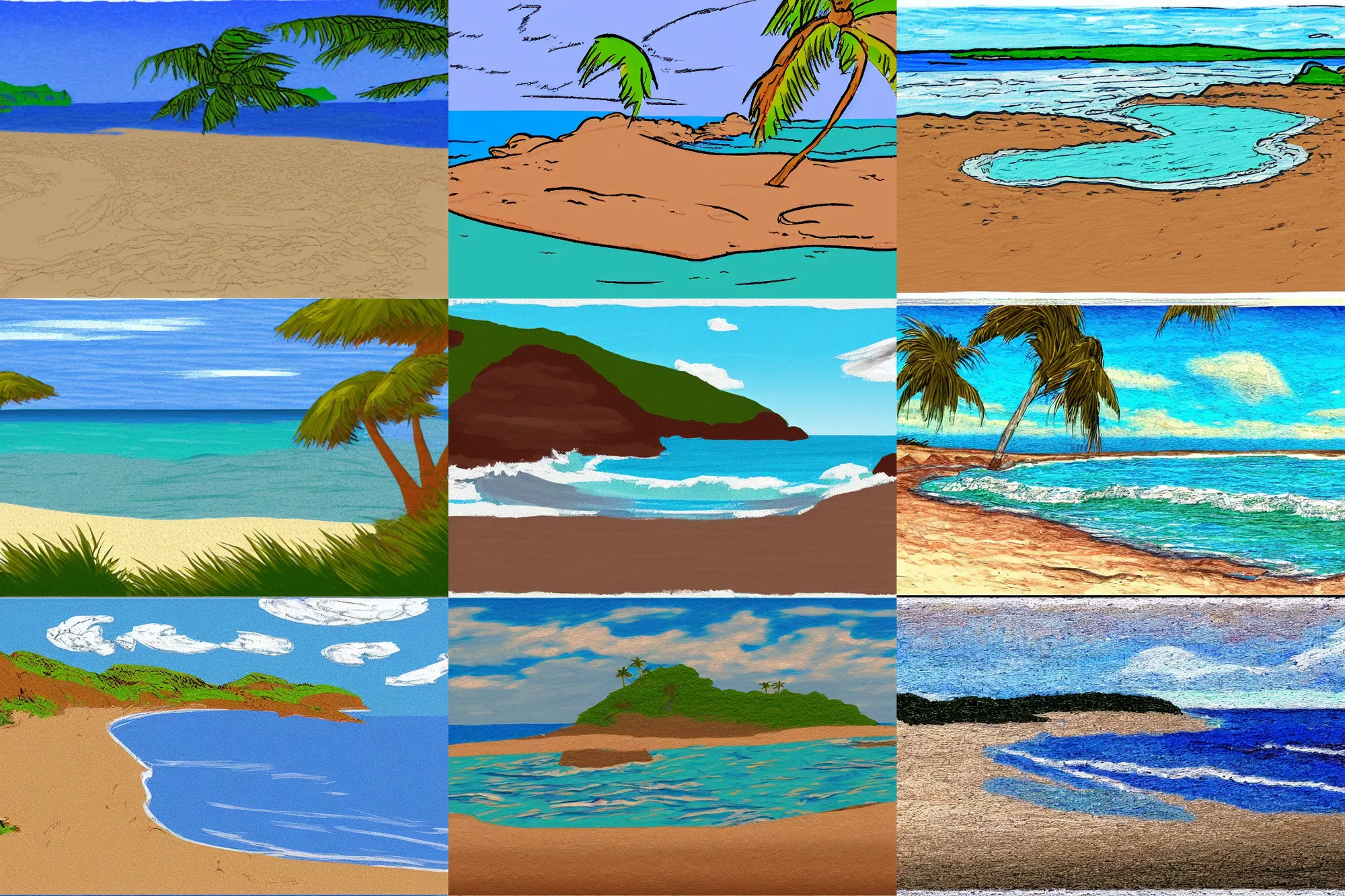Prompt: sketch of an beach and ocean in ms paint, by jim'll paint it, in microsoft paint, windows 9 5, artstation, limited colours, dithered