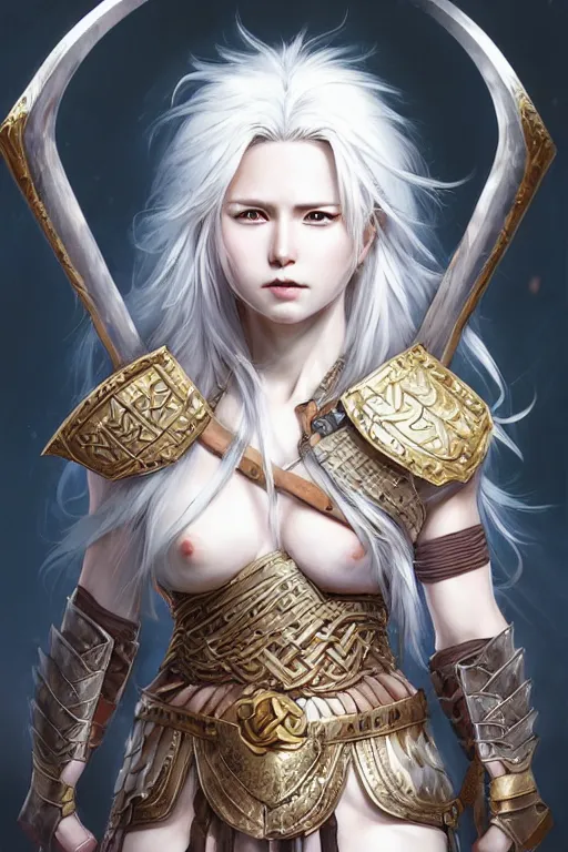 Image similar to A realistic anime portrait of a beautiful white haired female barbarian wearing an intricate viking armor, digital painting, by Stanley Artgerm Lau, Sakimichan, WLOP and Rossdraws, digital painting, painterly, Pixiv, Deviantart, golden ratio, rule of thirds, good composition, HD, 8k, award winning, promo art, splash art, rpg, jrpg, dungeons and dragons, DND, trending on ArtStation