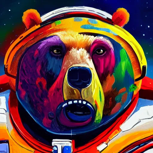 Prompt: a head and shoulder portrait of bear beast-man in space suit, painted in the colorful and expressive style of Kotwdq, trending on Artstation 8k photorealistic