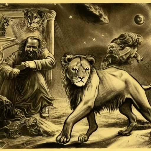 Image similar to Possessed Karl Marx prevents a thousand giant lions from eating Earth, space photography