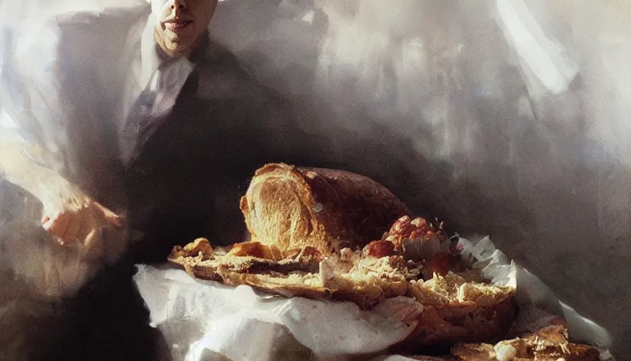 Image similar to beautiful portrait of steve buscemi in a loaf of bread, art by anders zorn, wonderful masterpiece by greg rutkowski, beautiful cinematic light, american romanticism thomas lawrence, greg rutkowski