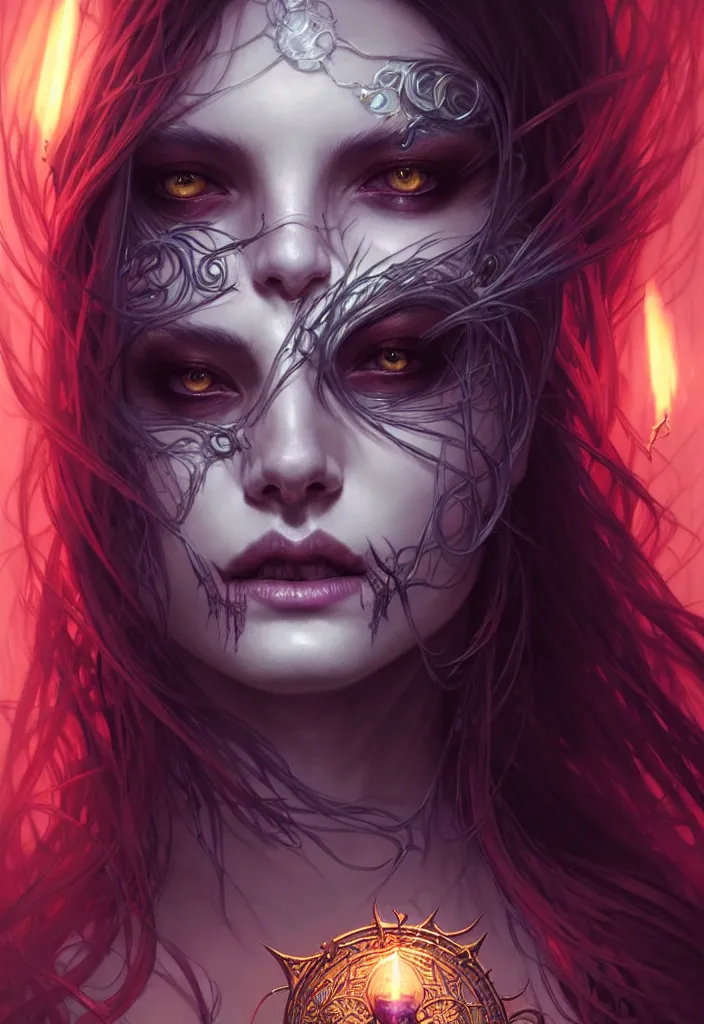 Image similar to Necromancer Sorceress face in center, fantasy magic, undercut hairstyle, dark light night, intricate, elegant, sharp focus, illustration, highly detailed, digital painting, concept art, matte, art by WLOP and Artgerm and Greg Rutkowski and Alphonse Mucha, masterpiece