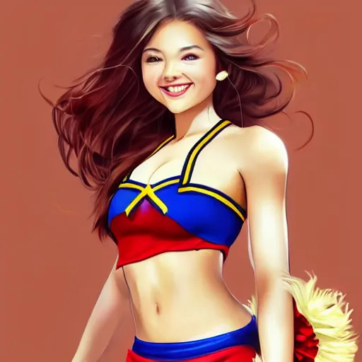 Prompt: very beautiful cheerleader, smiling, flirty, eye contact, perfect face, perfect body, drawn by artgerm