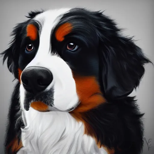 Image similar to portrait of a cute bernese dog, art by elke vogelsang, 8 k ultra realistic, trending on artstation, 4 k, hyperrealistic, focused, extreme details, unreal engine 5, cinematic, masterpiece