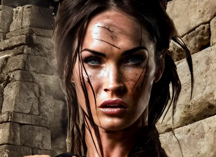 Image similar to film still of!!!! megan fox!!! as lara croft in new tomb raider movie, closeup portrait, exploring inside of aztec temple, action pose, dramatic lighting, octane, mist, volumetric lighting, 8 k