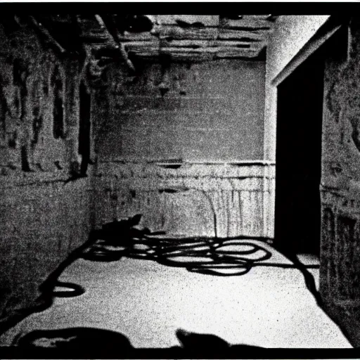 Prompt: 35mm photograph of basement, liminal space, strange vibes, Fever Ray video by Stephen Gammell