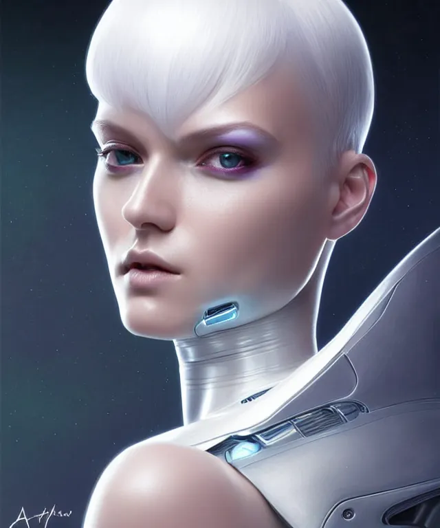 Prompt: futuristic woman android portrait, sci-fi female, azure eyes, face, short platinum hair tomboy, cyberpunk, intricate, elegant alabaster skin, highly detailed platinum filigree, digital painting, artstation, concept art, smooth, sharp focus, illustration, dramatic lighting, subsurface scattering, art by artgerm and greg rutkowski and alphonse mucha