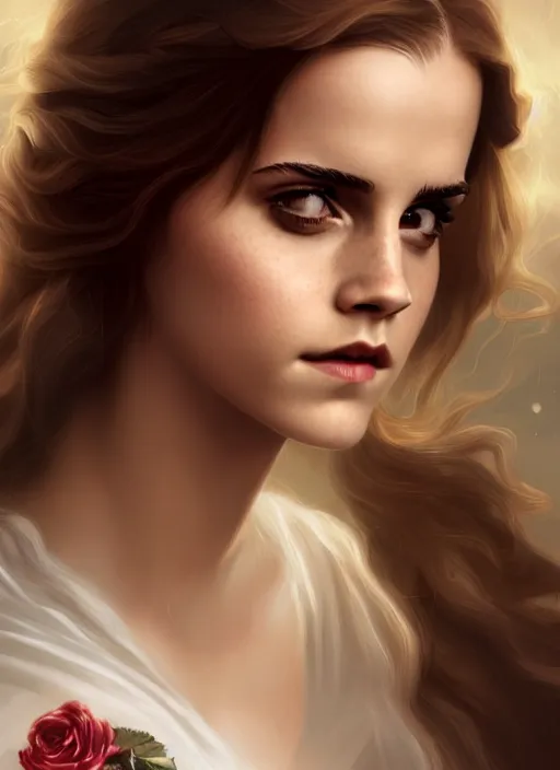 Image similar to emma watson as magic healer, long hair, white and rose cloth, shiny background, intricate, elegant, highly detailed, digital painting, artstation, concept art, smooth, sharp focus, illustration, artgerm, bouguereau