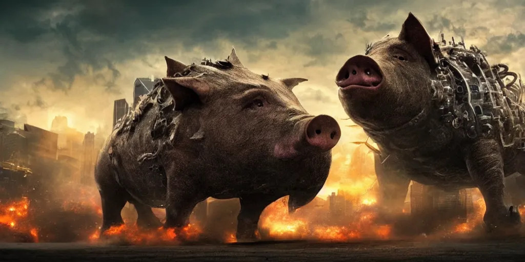 Prompt: beautiful extreme wide photo of an enormous mechanized metal pig kaiju destroying a philidelphia, cinematic, in the style of a hollywood blockbuster monster movie