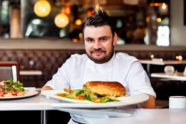 Prompt: busser in a restaurant declares his undying love to an empty plate