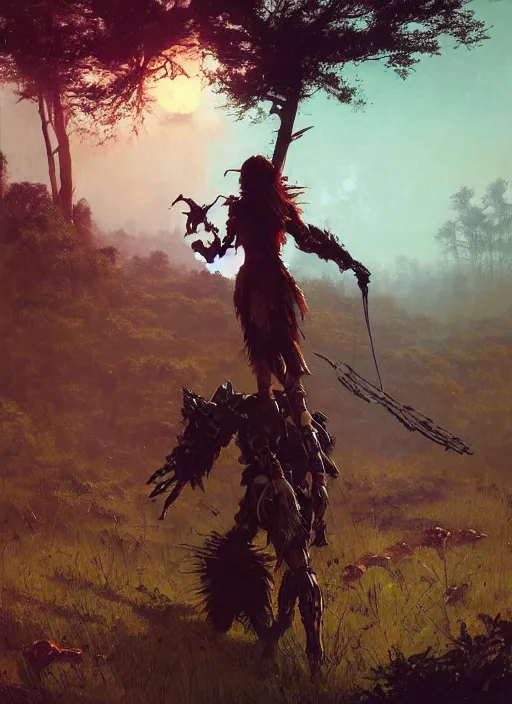 Image similar to !dream Environmental Art, Horizon Zero Dawn silhoutte, archer, atmospheric environment, Character Design, demonic presence, Holy Heavenly Host Divine Angelic Army. Beeple, grimshaw, thomas cole, ismail inceoglu, winslow homer, greg rutkowski, gerald brom, marc simonetti, simon stalenhag, anton fadeev, donglu yu