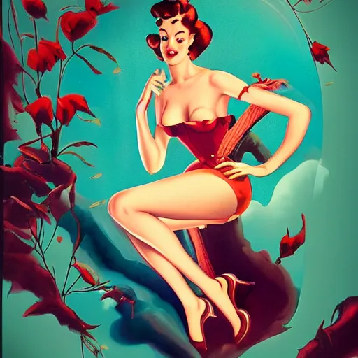 Image similar to a pinup illustration in the style of gil elvgren and in the style of anna dittmann.