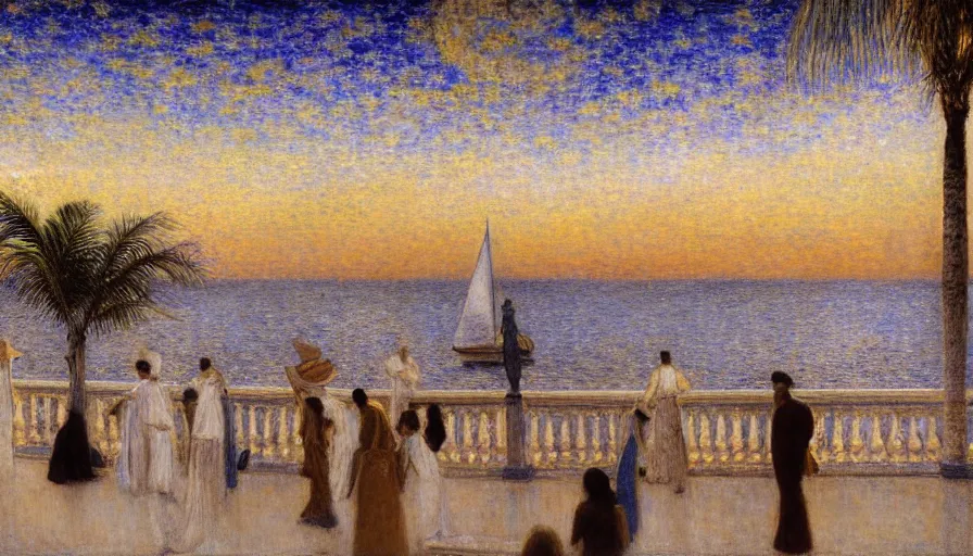 Image similar to a ultradetailed beautiful painting of the night sky of the amazonas golden white palace balustrade designed by jules bastien - lepage, tarsila do amaral, frank weston and gustave baumann, beach, trending on artstation, mediterranean, palm trees, sharp focus, sail boats, soft light, 8 k 4 k