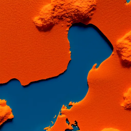 Prompt: top down view of map of country iceland made out of ice, accurate map, surrounded by ocean made out of hot orange lava, realistic