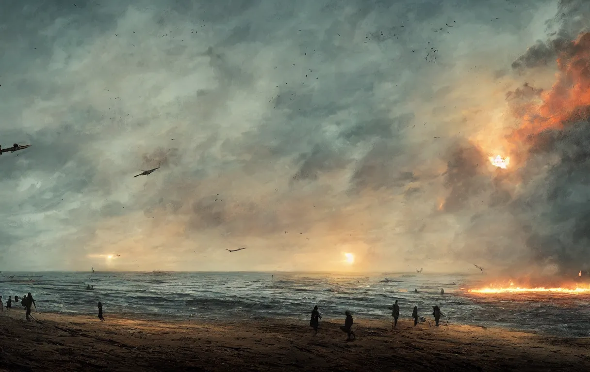 Image similar to A digital painting of Normandy's beach, 1945, by Ismail Inceoglu and Caspar David Friedrich, stunning, photorealistic, highly-detailed, bombs, fire, smoke, devastation, 4k, ue5, light effect, rtx on, realistic, cinematic, IMAX quality, trending on artstation