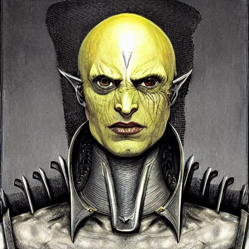 Image similar to ( ( ( head and shoulders portrait of a gaunt noseless yellow - skinned bald githyanki warrior in a breastplate, wielding a magical silver greatsword ) ) ), dave mckean, hr giger, peter mohrbacher, d & d, fantasy, medieval