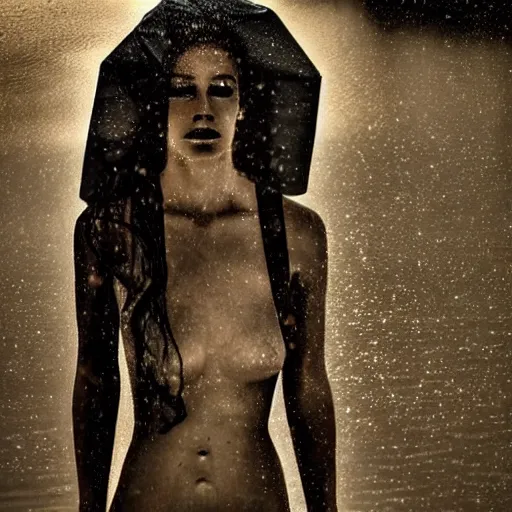 Image similar to modern sculpture of a beautiful woman on the rain, on a lake, faith, full body, low angle, night, surrounded by smoke, shadows, award winning photography