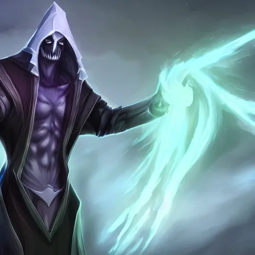 Image similar to Karthus from League of Legends with attractive male muscle body