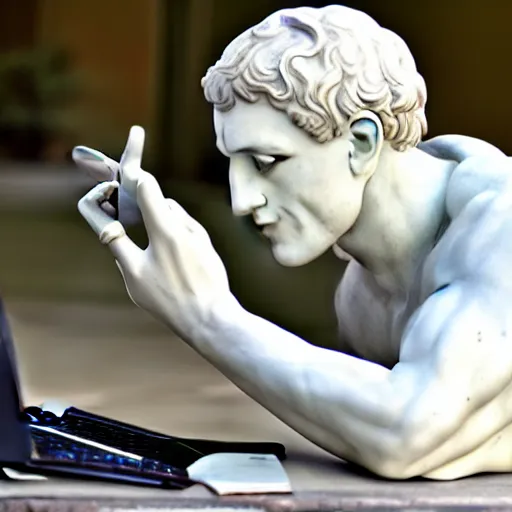 Image similar to a marble statue having trouble working on his laptop