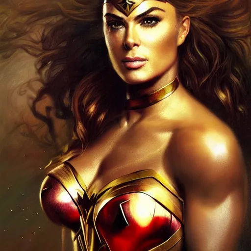 Image similar to : beautiful portrait of carmen electra as wonder woman, bodybuilder posing, radiant light, caustics, war hero, metal gear solid, by gaston bussiere, bayard wu, greg rutkowski, giger, maxim verehin