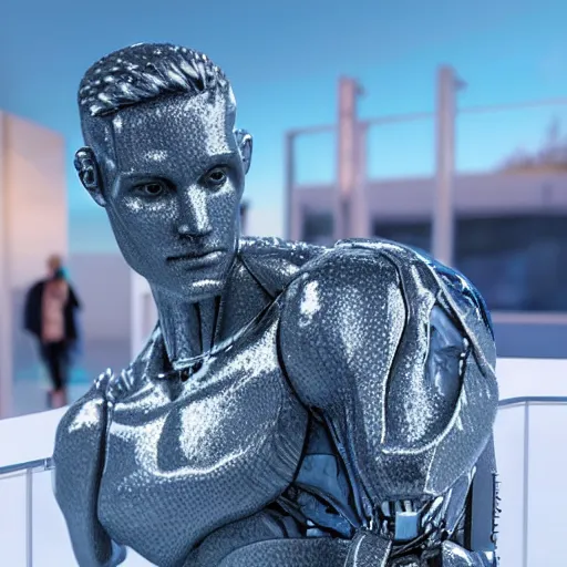 Image similar to made of ice, a realistic detailed photo of a guy who is an attractive humanoid who is half robot and half humanoid, who is a male android, on display, blank stare, showing off his muscles, shiny skin, posing like a statue, by the pool, frozen ice statue, twitch streamer / gamer ludwig, humanoid robot