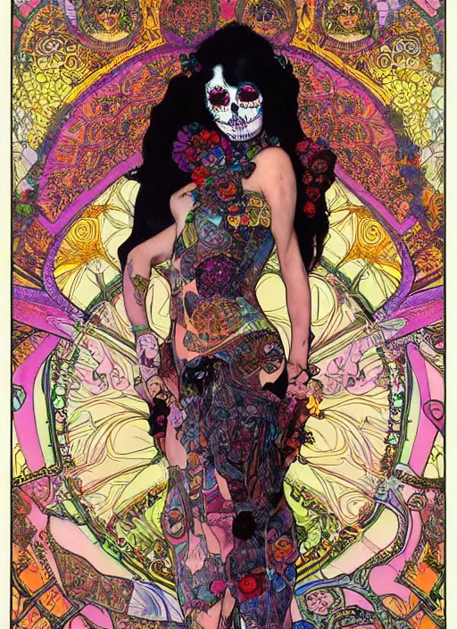 Prompt: psychedelic poster art of a cute punk goth fashion fractal Día de los Muertos tattooed girl posing in goth outfit by Victor Moscoso Rick Griffin Alphonse Mucha Gustav Klimt Ayami Kojima Amano Charlie Bowater, masterpiece