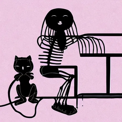 Image similar to skeleton wearing headphones watching girl playing guitar with her black cat standing next to her, digital art