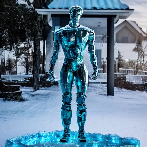 Image similar to made of ice, a realistic detailed photo of a guy who is an attractive humanoid who is half robot and half humanoid, who is a male android, on display, blank stare, showing off his muscles, shiny skin, posing like a statue, by the pool, frozen ice statue, twitch streamer / gamer ludwig, humanoid robot