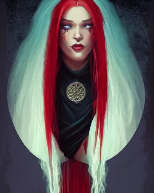 Image similar to tarot, beautiful wicked female occultist, sweeping ombre blonde hair, red eyes, black velvet dress, dark colors, magic Amulet, raven, fantasy painting, trending in Artstation, GSociety, by Charlie Bowater, Brom, Bastien Lecouffe-Deharme