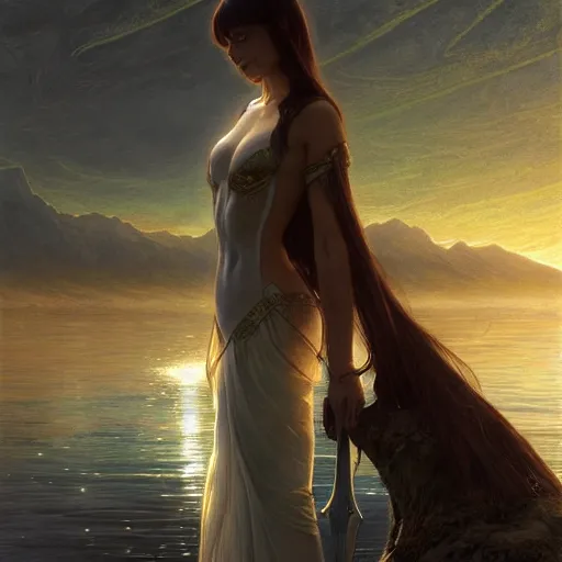 Image similar to excalibur in the middle of a lake under a giant full moon, rippling reflections, romantic, cinematic, intricate, elegant, highly detailed, artstation, concept art, smooth, sharp focus, art by WLOP and artgerm and greg rutkowski and alphonse mucha