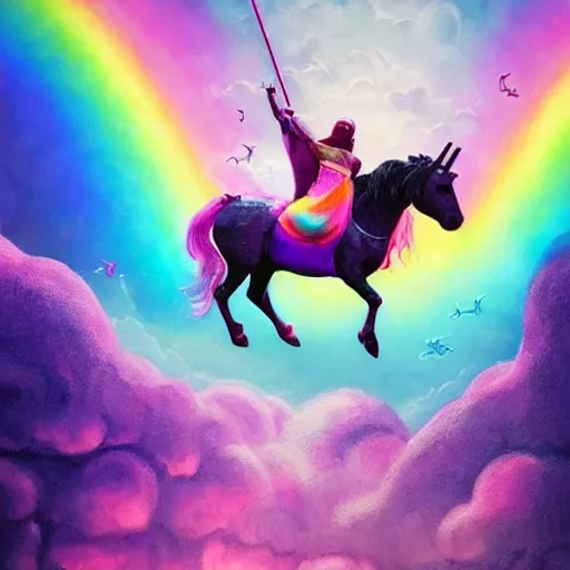 Image similar to beautiful matte painting, rainbow colored pink pink darth vader wearing pink wearing pink, riding a unicorn, riding a unicorn, riding a one-horned unicorn over a glittering rainbow, in psychedelic space, by lisa frank and dan mumford, octane render, HDR, vivid color, volumetric lighting, unreal engine, concept art, CGsociety, trending on artstation