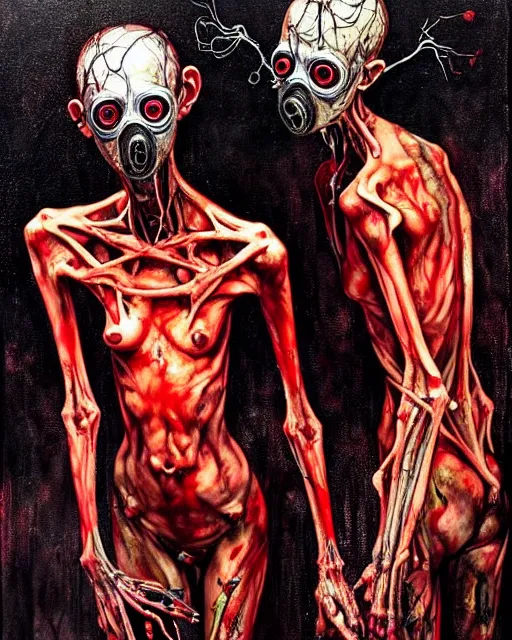 Prompt: two skinny zombies extra limbs, wearing gas masks, cinematic, dystopian, eerie, horror, gothic, draped in gold, black and red, highly detailed painting by !!!Jenny Saville!!!, Esao Andrews, (((Francis Bacon))), Edward Hopper, surrealism, art by Takato Yamamoto and James Jean