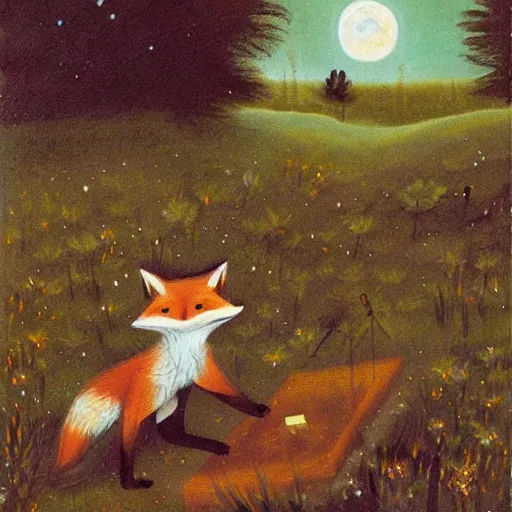 Prompt: A fox playing the piano in a meadow in The Swedish forest during the night under the moonlight, children’s book oil painting