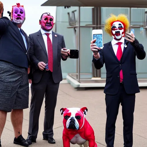 Image similar to a president with bulldog face and clown makeup taking a selfie in a podium next to an angry first minister