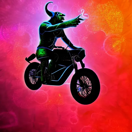 Image similar to psychedelic blacklight airbrush artwork, hyper stylized action shot of an orc biker riding a motorcycle, clear focused details, radical, cgsociety, artstation, soft airbrushed edges and gradients on a black background