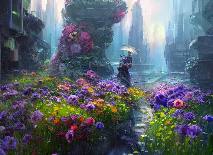 Prompt: cyberpunk flower bloom by vladimir volegov and alexander averin and peder mørk mønsted and adrian smith and raphael lacoste