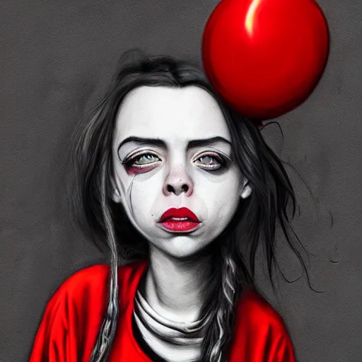 Image similar to surrealism grunge cartoon portrait sketch of billie eilish with a wide smile and a red balloon by - michael karcz, loony toons style, my little pony style, horror theme, detailed, elegant, intricate