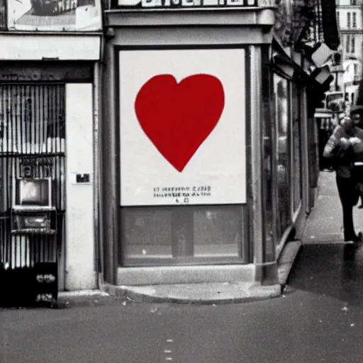 Image similar to a giant poster in 1 9 7 0 s paris that says herz inside a huge heart hq photo