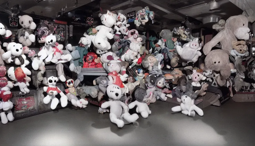 Image similar to 1990s photo of inside the Haunted Beanie Babies ride at Universal Studios in Orlando, Florida, people riding a Beanie Baby through a haunted Stuffed animal world world , cinematic, UHD
