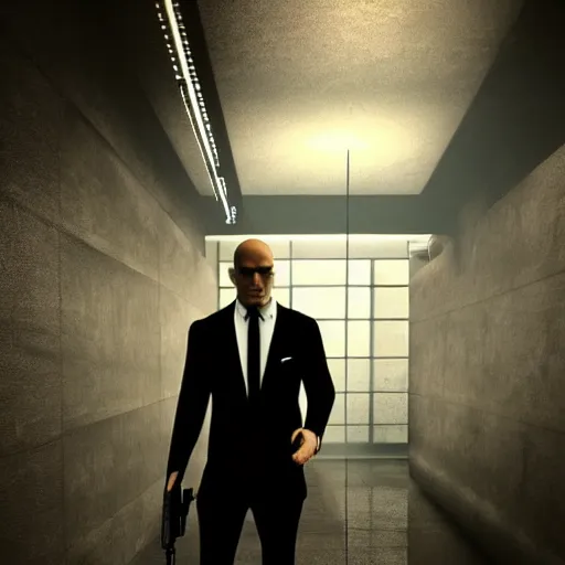 Image similar to serious looking hitman in a black suit and black fedora hat. he has a big silver gun, 4 k, atmospheric, epic scene, strong shadows, high contrast