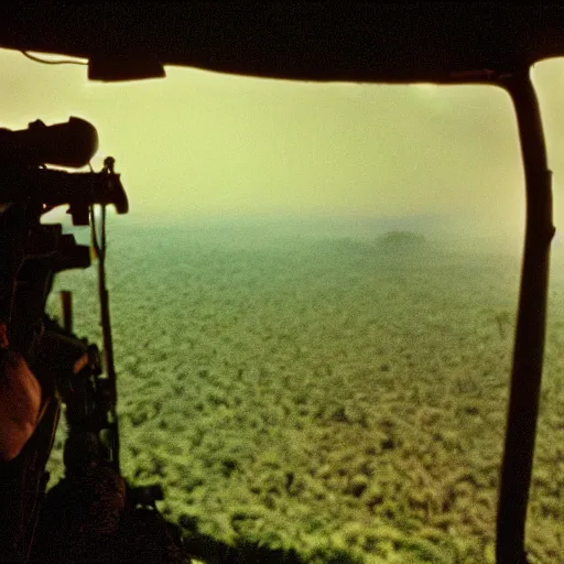 Prompt: film still, far view, katy perry, jungle, vietnam door gunner, apocalypse now, associated press, 2 6 mm, kodak ektachrome, blue tint, expired film,