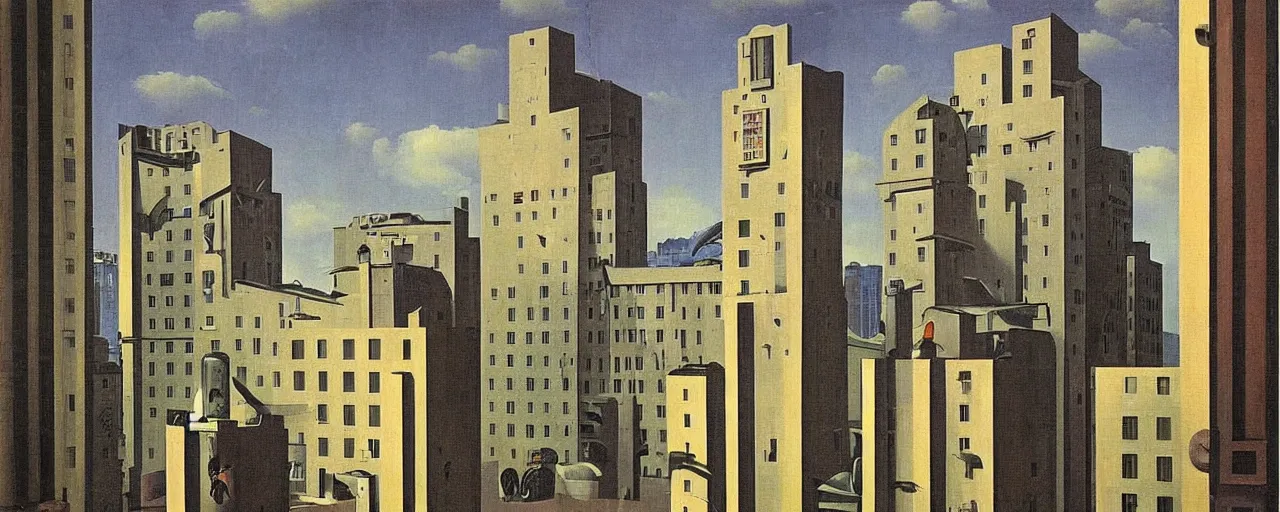 Prompt: hotel in a cyberpunk city, dada, rene magritte, highly detailed