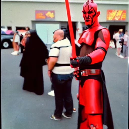 Prompt: darth maul waiting in line at a walmart in the early 1 9 9 0 s, polaroid picture