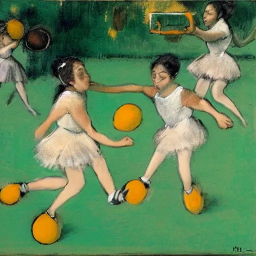 Prompt: mangoes playing basketball in the style of degas