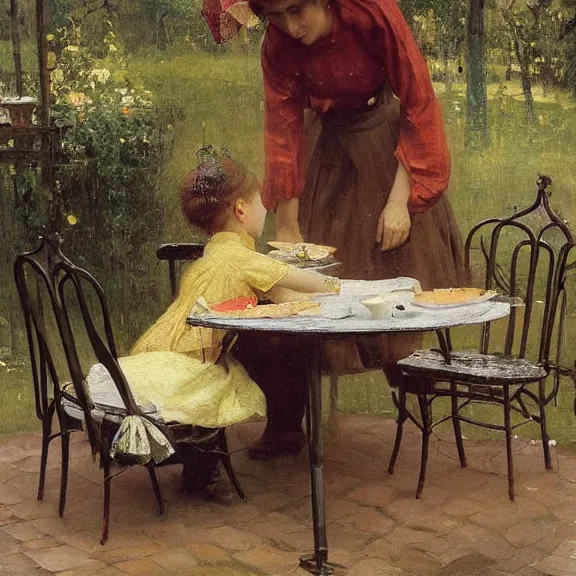 Image similar to a gorgeous housewife putting dishes on a table in the backyard, the table has a parasol, rainy scene, 1 9 5 0's, medium symmetry, by ilya repin, extreme detail, 8 k, intricate abstract, photorealistic